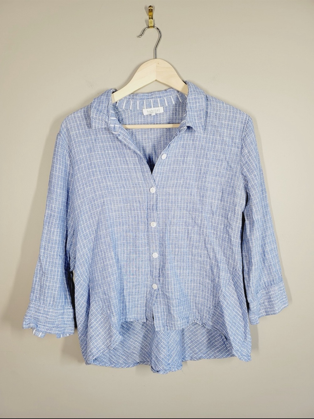 Habitat Light Blue Checked Button-Up Blouse, Size Medium